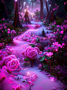 a painting of pink flowers in the middle of a forest filled with trees and lights