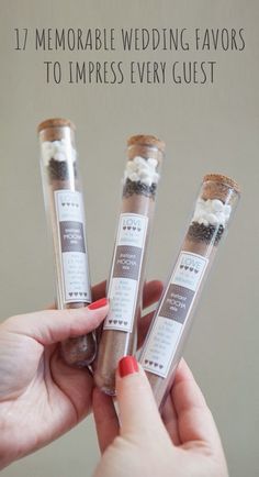 three small tubes filled with wedding favors and the words, 17 memorable wedding favors to impress every guest