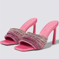 The Lena Crystal Heeled Mule In Taffy. Monochromatic, Heeled, Square Toe Mule With Multi-Strap Arch Adorned With Metallic Crystal Embellishment. Glamorous Pink Sandals, Slippers Heels, Girl Money, Pink Mules, Evening Heels, Heeled Mule, Heels Sneakers, Crystal Heels, Crystal Sandals