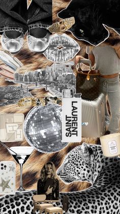 a collage of fashion and accessories is shown in black and white, including leopard print