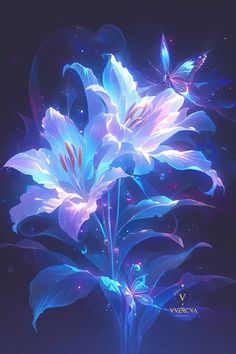 a blue flower with purple petals and butterflies flying around it, on a dark background