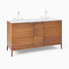 a bathroom vanity with two sinks and wooden cabinetry on the top, against a white background