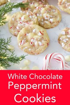 white chocolate peppermin cookies on a plate with candy canes