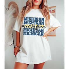 Comfort Colors Michigan Vintage Shirt, Retro Michigan Football Shirt, Preppy Michigan Football Tee, Michigan Pride Shirt, Michigan T-Shirt Orders will now be shipped out in 3-5 business days after ordered. Please send me a message if your need expedited shipping. GARMENT DETAILS  Shirts are unisex with a relaxed fit. Please double check size chart when selecting your size for a fitted or oversized look. Please size down for a more fitted look and size up 1-3 sizes for oversized look. Comfort Colors garment-dyed t-shirt, soft-washed, garment-dyed fabric with a relaxed fit. The double-needle stitching throughout the tee makes it highly durable while the lack of side-seams helps the shirt retain its tubular shape. .: 100% ring-spun cotton .: Medium fabric (6.1 oz/yd² (206.8 g/m .: Relaxed fit Relaxed Fit Short Sleeve Top For School Spirit, Short Sleeve Tops With Screen Print For School Spirit, School Spirit Short Sleeve Tops With Letter Print, School Spirit Short Sleeve Tops With Text Print, Short Sleeve Tops With School Spirit Text Print, Short Sleeve Screen Print Tops For College, Short Sleeve College Tops With Screen Print, Relaxed Fit Short Sleeve School Spirit Shirt, Short Sleeve Tops With Letter Print For School Spirit