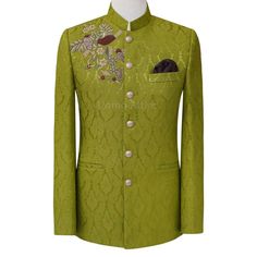 Custom made prince coat in pure soft karandi fabric | Deep green prince coat for mehndi Formal Embroidered Sherwani For Fall, Gold Single Breasted Blazer For Wedding, Elegant Fall Bandhgala With Zari Work, Traditional Blazer For Fall, Traditional Long Sleeve Formal Outerwear, Ceremonial Embroidered Long Sleeve Blazer, Traditional Fall Blazer For Formal Occasions, Traditional Fall Sherwani For Formal Occasions, Designer Long Sleeve Blazer With Zari Work