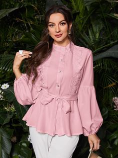 Pink Elegant  Long Sleeve Polyester Plain Shirt Embellished Slight Stretch Spring/Fall Women Tops, Blouses & Tee Western Tops For Women, Mode Purple, Belt Blouse, Chiffon Tops Blouses, Stylish Tops For Women, Formal Tops, Womens Tops Dressy, Fashion Tops Blouse, Elegant Blouses