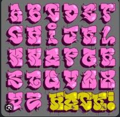 graffiti alphabets and numbers in pink, yellow and black on a gray background with the letters