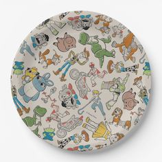 a paper plate with cartoon characters on the front and back side, all in different colors