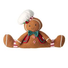 a stuffed ginger with a chef's hat and bow tie on its head sits in front of a white background