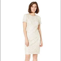 Beautiful Lace Sheath Dress Detail In Two Tone Cream/Porcelain. Size 2 Fully Lined Bust 17” Flat Shoulder 14” Waist 14.5” Flat Sleeve 7.25” From Seam To Cuff Hip 17.5” Flat Length 38.75” Loc 11 White Short Sleeve Ralph Lauren Dress, Ralph Lauren White Short Sleeve Dress, Elegant White Ralph Lauren Dress, White Fitted Ralph Lauren Dress, Lace Sheath Dress, Ralph Lauren Dresses, Ralph Lauren Dress, Cream White, Dress Details