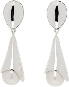 Pair of handcrafted drop earrings in sterling silver. · Graphic with freshwater pearl at drop · Post-stud fastening · H1.75 x W0.5 Supplier Color: Sterling silver Modern Teardrop Pearl Earrings For Formal Occasions, Luxury Silver Clip-on Pearl Earrings, Modern White Gold Pearl Drop Earrings, Contemporary Drop Jewelry For Formal Occasions, Contemporary Formal Drop Jewelry, Formal Drop Contemporary Jewelry, Modern Drop Pearl Earrings For Formal Occasions, Modern Pearl Earrings For Formal Occasions, Formal Teardrop Sterling Silver Pearl Earrings