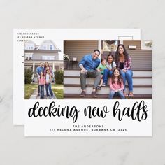 the holiday card features three photos of people sitting on steps with their arms around each other