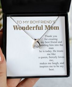 A Necklace gift with message card from the heart for Boyfriend's Mom. This heartfelt piece features .925 sterling silver metals and is sure to make your loved ones smile. This item arrives gift-ready in our lovely custom packaging with a message card! (Printed and Shipped From Miami, FL USA) ✅NOTE: If you choose gift wrapping+Hand Written note then please type the note for your love one to whome you want to give this gift. Upto 70 Characters allowed. ✅Product Specification: ● Weight: 0.11 oz ● S Mother's Day Inspirational Jewelry With Gift Box, Inspirational Jewelry For Mother's Day With Gift Box, Valentine's Day Anniversary Gift Wrapped Jewelry, Inspirational Jewelry For Best Friend On Valentine's Day, Mother's Day Birthday Gift Wrapped Necklace, Gift-wrapped Necklace For Birthday On Mother's Day, Mother's Day Silver Necklace For Best Friend, Sterling Silver Necklace For Best Friend On Mother's Day, Silver Necklace For Mother's Day And Best Friend Gift