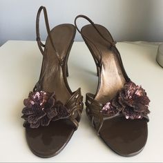 Nwot Isabella Fiore Strappy Heels With Sequin Flower With Wire So You Can Bend And Shape It. 4" Heel. Brown Patent Leather Straps. These Have Never Been Worn! Brown Open Toe Sandals For Wedding, Brown Open Toe Heels For Wedding, Brown High Heel Wedding Heels, Brown High Heel Wedding Shoes, Glamorous Brown Heels For Formal Occasions, Pretty Flat Shoes, Rich Shoes, Cool Heels, 90s Heels