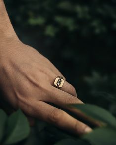 Rectangular shaped signet ring with signature decayed texture. 4,5mm and 3,5mm black diamonds embedded in destroyed detail. Visible tool marks for more artisanal look, satin, matte finished. Hand carved and finished using artisan techniques. Made of 585 (14k) yellow gold Note that all products are made to order. Please allow approximately 3-6 weeks for production depending on current demand.Handcrafted and unique, therefore may have some deviations from given pictures. If you have any sizing pro Black Diamonds, Signet Ring, 16 9, Black Diamond, Artisan Jewelry, Hand Carved, Rings For Men, Silver Rings, Diamonds