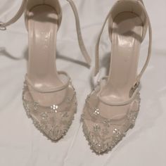 These Are Handmade Jeweled Wedding Shoes. Size 37 (7). 3 Inch Heel And From 9 To 10 1/2 Inch Ankle Circumference. Never Worn. Vintage Bride Shoes, Fairytale High Heels, Wedding Lace Heels, Wedding Heels Floral, Open Toed Wedding Shoes, Women’s Wedding Shoes, Boho Wedding Shoes Flats, White Heels Elegant, Beaded Wedding Shoes