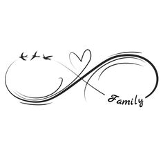 the word family written in black ink on a white background with birds flying around it