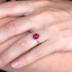 Add a splash of rich, saturated pink to your stack in this 18k yellow gold ring from Gabriella Kiss. An oval rubellite cabochon is set in the artist’s signature four pronged bezel on a thin round band. Stone measures 5/16" x 3/8". Size 6. Handcrafted in Hudson Valley, NY, U.S. Anthony Lent, Gabriella Kiss, Hudson Valley Ny, Cabochon Ring, 18k Yellow Gold Ring, Yellow Gold Ring, Hudson Valley, Stacking Rings, Nostril Hoop Ring