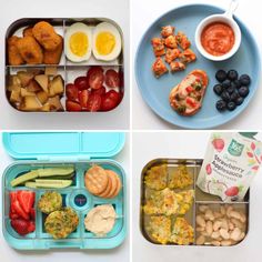 four different bento boxes filled with food including eggs, fruit and veggies