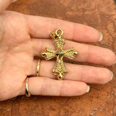 Vintage 14KT yellow gold Etruscan/ Byzantine cross pendant. Amazing, statement getting piece with raised detailing! Chain sold separately 6.8mm x 4.90mm bail opening 50mm x 35mm with bail 40mm without bail Weight: 4.70 grams Stamped 14k Italy Made in Italy Hollow Electroform art process Excellent condition Victorian Gold Crucifix Jewelry, Victorian Gold Cross Pendant Jewelry, Byzantine Hallmarked Cross Jewelry, Byzantine Cross Jewelry, Gold Byzantine Cross Jewelry, Yellow Gold Byzantine Cross Jewelry, Gold Byzantine Crucifix Jewelry, Byzantine Style Yellow Gold Cross Pendant Jewelry, Byzantine Style Cross Jewelry In Yellow Gold