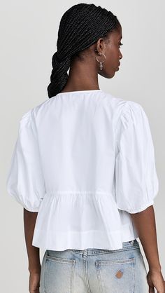 GANNI Cotton Poplin Peplum Blouse | Shopbop Fitted Cotton Puff Sleeve Top With Ruffles, Chic Cotton Puff Sleeve Top With Elastic Sleeves, Cotton Puff Sleeve Top With Elastic Sleeves, Ruffled Balloon Sleeve Puff Top For Workwear, Fitted Tops With Gathered Waist For Daywear, Cotton Puff Sleeve Tops With Smocked Cuffs, Cotton Tops With Smocked Cuffs And Puff Sleeves, Fitted Cotton Blouse With Ruffle Hem, Fall Cotton Puff Sleeve Top With Gathered Sleeves