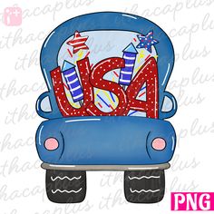 the word usa is in the back of a blue car with stars and stripes on it