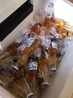 an open cooler filled with lots of different types of beer bottles and ice cubes