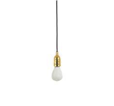 a white light hanging from a black cord with a gold colored bulb attached to it