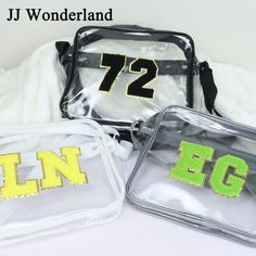 This trendy bag features a transparent design, allowing you to easily see and access your belongings! It also comes with a set of letter patches that can be attached to the bag to spell out your name, initials, or your favorite word! With its durable construction and customisable design, this clear bag is the ultimate blend of fashion and function! Materials: PVC Shoulder Strap Length: 30" to 45'' Size of Bag: H: 7" x W: 5 1/2" x D: 2 1/2" Clear School Bags With Zipper Pouch, Clear Rectangular Bag With Zipper Pouch, Rectangular Clear Bag With Zipper Pouch, Clear Rectangular Bags With Zipper Pouch, Clear Bag With Removable Pouch For Personal Use, Rectangular Clear Bag, Clear Zipper Pouch Bag As Gift, Clear Zipper Pouch Bag For Gift, Trendy Clear Bags For Personal Use