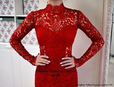 Red wedding dress with illusion aspects, long sleeves and turtle neckline in couture Brussels lace. The dress is made in a couture European atelier!  #reddress #shortdress #couturedress #lacedress #st.valentine Elegant Red Lace Evening Dress, Red Fitted Lace Prom Dress, Elegant Red Lace Dress For Prom, Fitted Red Lace Dress For Evening, Fitted Red Lace Evening Dress, Red Fitted Lace Evening Dress, Wedding Guest Dress Floral, Lace Dress Formal, Red Lace Wedding Dress