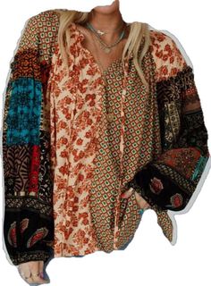 Bohemian V-neck Blouse With Boho Print, Fall Bohemian V-neck Blouse, Bohemian V-neck Top With Boho Print, Summer Bohemian V-neck Blouse, Bohemian V-neck Peasant Top With Floral Print, Bohemian V-neck Blouse For Day Out, Bohemian V-neck Printed Blouse, Bohemian Printed V-neck Tops, Bohemian V-neck Tops With Boho Print