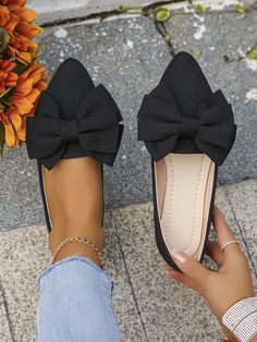 Black  Collar     Embellished   Women Shoes Pointed Toe Flats Outfit, Fall Shoes Flats, Dressy Flats Shoes, Casual Work Shoes, Dressy Flats, Fall Flats, Black Ballerina, Flats Outfit, Black Flats Shoes