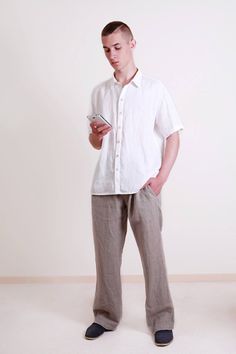 Linen White Men's Shirt  Short Sleeves / Casual Style Men's Shirt/  Flax Men's Shirt/  Men's shirt L White Summer Shirt With Button Cuffs, White Casual Shirt With Placket, White Short Sleeve Shirt With Button Cuffs, Casual White Short Sleeve Shirt With Buttons, Classic White Short Sleeve Shirt With Buttons, Casual White Linen Short Sleeve Shirt, White Shirt For Men, Linen White Shirt, Casual Men Shirt