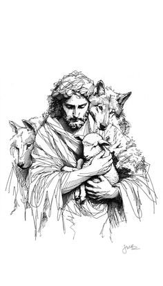 a black and white drawing of a man holding two lambs in his arms,