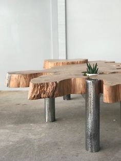 the table is made out of wood and has two metal legs on each side, with a succulent plant in the center