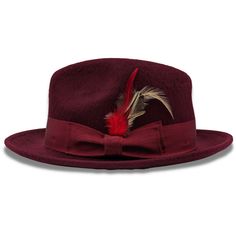 Experience timeless elegance with our Iconify Collection's Burgundy 2 1/4" Brim Beaver Look Felt Hat, designed for those who appreciate sophistication. Crafted with attention to detail, this hat features a pinch crown, feather accent, and a matching grosgrain ribbon. Made from premium quality beaver look wool, it offers both style and durability. With a velcro size adjuster for the perfect fit, this hat ensures comfort and classic appeal. Brim Size: 2 1/4" Feather Accent Matching Grosgrain Ribbo Fedora Hats, Men's Apparel, Cool Hats, Felt Hat, Brim Hat, Fedora Hat, Hat Sizes, Grosgrain Ribbon, Fedora