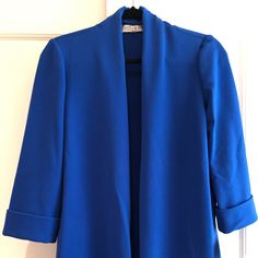 Hot Color!! Bright Blue Crepe Flyaway-Front Jacket In Size Ps. Lightweight For Excellent Year-Round Layering Possibilities Over A Dress/Blouse And Pants/ Jeans And Tee. 3/4 Length Sleeve With Pit-To-Cuff Measurement Of 12in. Brand New With Tags! Spring Formal Stretch Outerwear, Chic Stretch Blue Outerwear, Elegant Blue Open Front Outerwear, Rust Cardigan, Blouse And Pants, Shrug Cardigan, Open Front Jacket, Dress Blouse, Career Wear