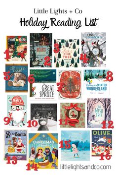 the holiday reading list for children with text overlay that reads little lights and co holiday reading list