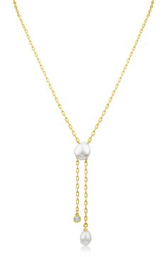 Lustrous natural pearls and a sparkling CZ stone adorn a Y-drop necklace for elegant style. 18" length + 3" extender Adjustable clasp 10.5-11mm pearls Brass, cubic zirconia, natural pearls Imported Formal Pearl Lariat Necklace, White Drop Necklace With Clavicle Chain For Formal Occasions, White Clavicle Chain Drop Necklace For Formal Occasions, Classic Formal Lariat Necklace With Pearl Pendant, Formal White Clavicle Chain Drop Necklace, Formal Pearl Charm Lariat Necklace, Formal Adjustable Lariat Necklace With Pearl Drop, Classic Pearl Chain Lariat Necklace For Formal Occasions, Classic Formal Lariat Necklace With Pearl Drop