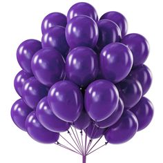 a bunch of purple balloons are in the shape of a tree on a white background