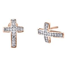 Stunning pair of studs added to our JFL Diamonds earring collection. These earrings are crafted in solid 10K Rose Gold. Radiant with 1/10 ct. t.w. of genuine diamonds, these studs are high polished for a lustrous shine. These particular studs consist of genuine Round cut white diamonds in Pave setting, making the overall appearance larger and lustrous. Screw-backs for secure wear, these earrings will make a great gift for any occasion. Cross frame give these earrings depth and makes a bold fashi Cross Frame, Pave Earrings, Religious Cross, Earring Collection, Diamond Cross, Pave Setting, Earrings Collection, White Diamonds, Diamond White