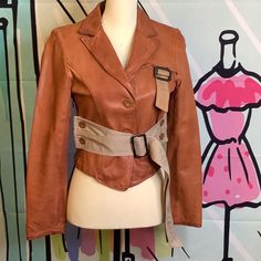 Collection Privee ? Leather Jacket , Lamb Leather , Button Closure, , Belt Is Cotton And Back Opening Is Cotton Bust 30.5 Inc Waist 26.25”, Shoulder 14.75inc Length 20” Sleeve 27” Cognac Color Designer Spring Leather Jacket With Button Closure, Designer Brown Leather Jacket For Spring, Designer Leather Jacket For Office In Spring, Fitted Leather Jacket With Buttons For Spring, Designer Fitted Leather Jacket With Buttons, Spring Double-breasted Leather Jacket With Buttons, Vintage Leather Jacket With Buttons For Spring, Vintage Fitted Button-up Leather Jacket, Cognac Color