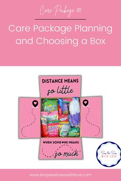 a pink box with the words care package planning and choosing a box