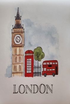 a watercolor drawing of london with the big ben clock tower in the background and red double decker bus