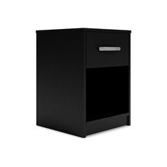 a black cabinet with a metal handle on the top and bottom drawer, in front of a white background