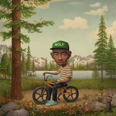 a painting of a man riding a bike in the woods with mountains and trees behind him