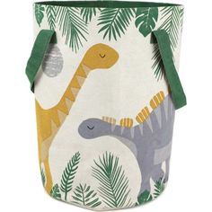 a dinosaur storage bag with trees and leaves around it, on a white background that has green trim