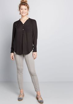 When you want a work wardrobe that's subtle, stylish, and a little bit romantic, make this breezy, black blouse your business! Everyone will want to copy the modestly marvelous style of this ModCloth-exclusive top - its gathered shoulders, low collar, and iridescent buttons always garner a good reception. Work Wardrobe, Long Sleeve Tunic, Exclusive Collection, Black Blouse, First Look, Best Seller, Loose Fitting, Perfect Fit, Summer Fashion