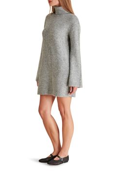 A slouchy turtleneck adds an extra layer of warmth to this bell-sleeve ribbed sweater-dress knit to a leggy mini length. Slips on over head Turtleneck Long sleeves Unlined 73% polyester, 14% acrylic, 10% silk, 3% spandex Machine wash, tumble dry Imported Mini Sweater, Ribbed Sweater Dress, Turtleneck Sweater Dress, Ribbed Knit Dress, Mini Sweater Dress, Mini Cocktail Dress, Work Looks, Long Sleeve Mini, Outdoor Apparel