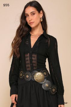 Everyone will adore your style in a signature look like the Lulus Unique Effect Black Lace Sheer Long Sleeve Button-Up Top! Lightweight woven fabric, with panels of sheer lace, shapes this eye-catching top that has long balloon sleeves with solid button cuffs and a collared neckline. Fitted bodice has a functional button placket at front to secure the look. Bralette not included. Fit: This garment fits true to size. Bust: Great for any cup size. Waist: Loosely Fitted. Fabric: Fabric has some str Concert Outfit Summer, Sheer Long Sleeve, Lace Button, Womens Tops Summer, Signature Look, Fitted Bodice, Sheer Lace, Flared Sleeves, Concert Outfit